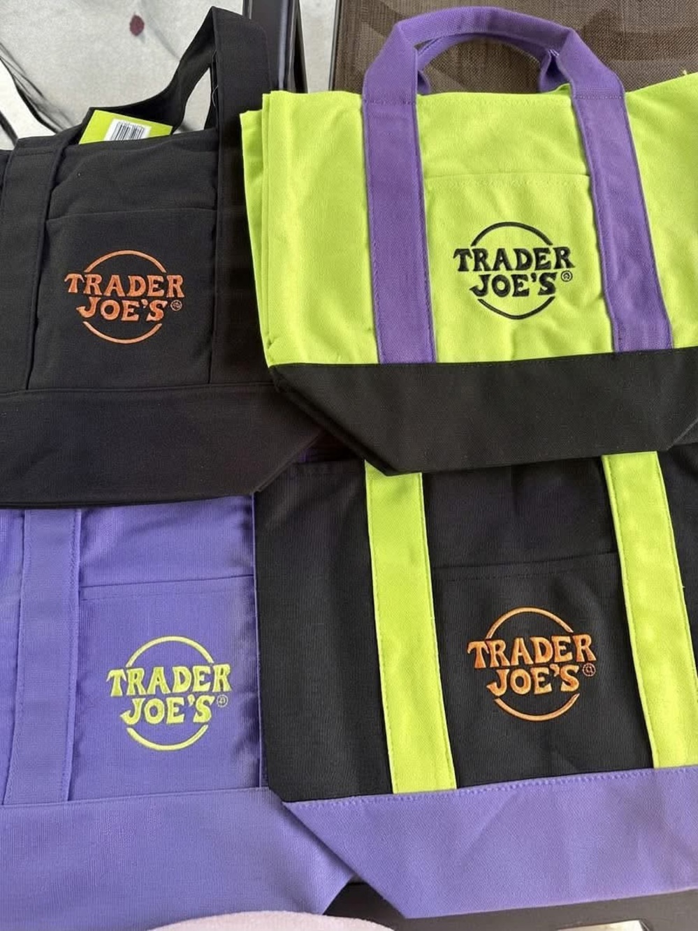 Trader Joe's Reusable Tote Bag - Lime Green, Purple & Black